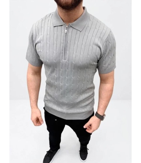 Erkek Yazlık Triko Saç Örgü Tişört Kısa Kol Polo Yaka Fermuarlı T-Shirt - Gri
