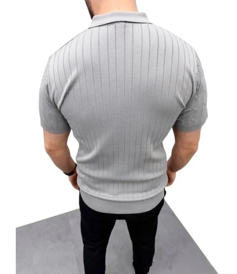 Erkek Yazlık Triko Saç Örgü Tişört Kısa Kol Polo Yaka Fermuarlı T-Shirt - Gri