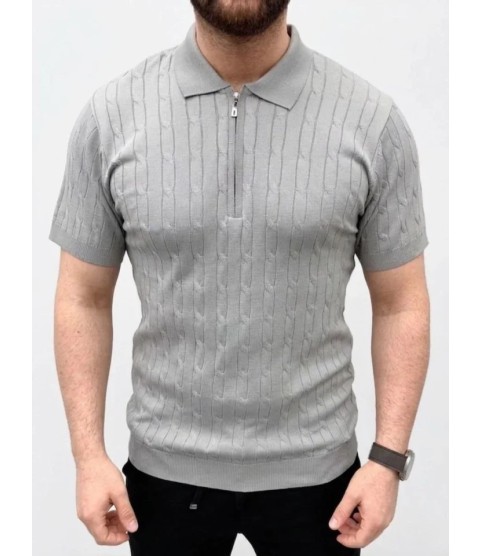 Erkek Yazlık Triko Saç Örgü Tişört Kısa Kol Polo Yaka Fermuarlı T-Shirt - Gri