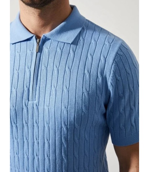 Erkek Yazlık Triko Saç Örgü Tişört Kısa Kol Polo Yaka Fermuarlı T-Shirt - Bebe Mavisi