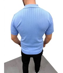 Erkek Yazlık Triko Saç Örgü Tişört Kısa Kol Polo Yaka Fermuarlı T-Shirt - Bebe Mavisi