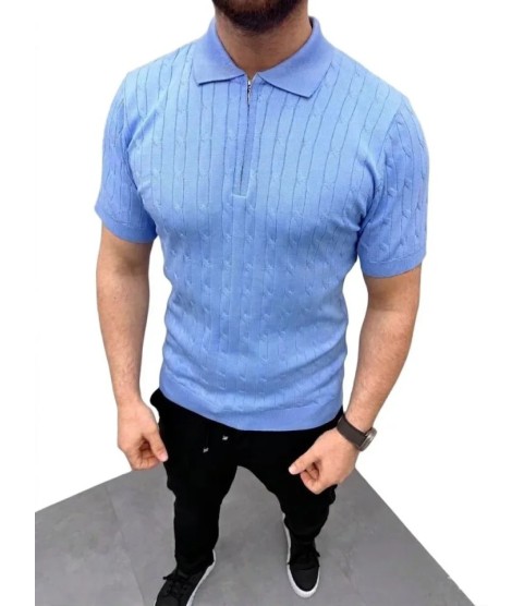 Erkek Yazlık Triko Saç Örgü Tişört Kısa Kol Polo Yaka Fermuarlı T-Shirt - Bebe Mavisi