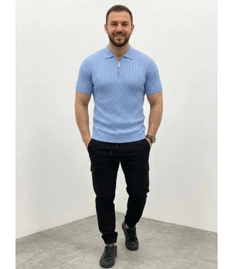 Erkek Yazlık Triko Saç Örgü Tişört Kısa Kol Polo Yaka Fermuarlı T-Shirt - Bebe Mavisi