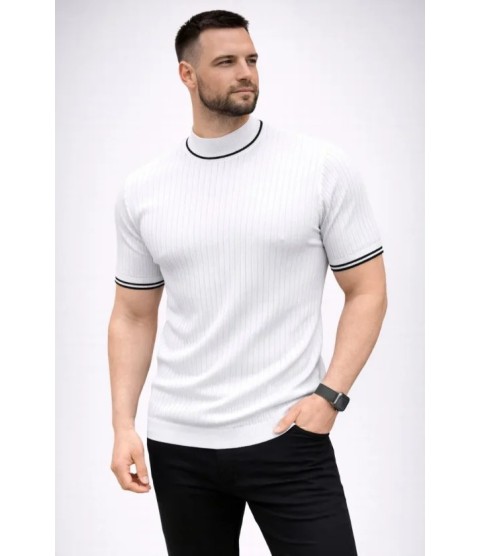 Erkek Fitilli Triko Dokuma Kısa Kol Tişört Yarım Boğaz Modern Yazlık T-Shirt - Beyaz