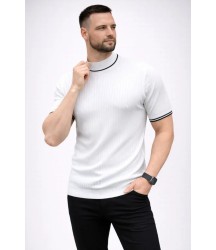 Erkek Fitilli Triko Dokuma Kısa Kol Tişört Yarım Boğaz Modern Yazlık T-Shirt - Beyaz