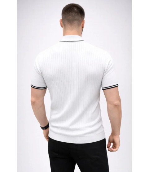 Erkek Fitilli Triko Dokuma Kısa Kol Tişört Yarım Boğaz Modern Yazlık T-Shirt - Beyaz
