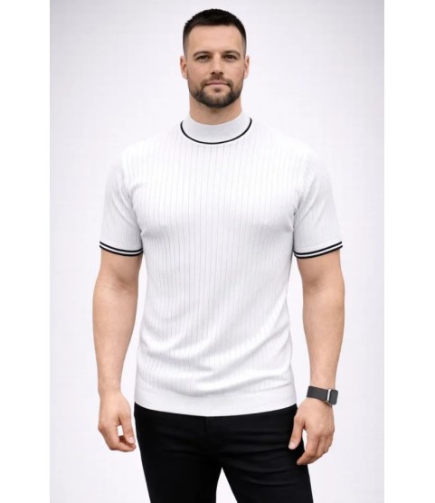 Erkek Fitilli Triko Dokuma Kısa Kol Tişört Yarım Boğaz Modern Yazlık T-Shirt - Beyaz