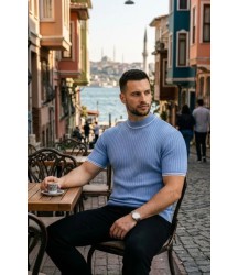 Erkek Fitilli Triko Dokuma Kısa Kol Tişört Yarım Boğaz Modern Yazlık T-Shirt - Bebe Mavisi