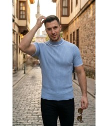 Erkek Fitilli Triko Dokuma Kısa Kol Tişört Yarım Boğaz Modern Yazlık T-Shirt - Bebe Mavisi