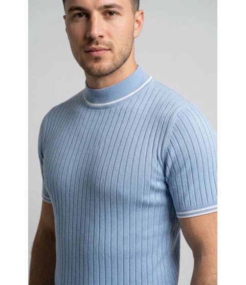 Erkek Fitilli Triko Dokuma Kısa Kol Tişört Yarım Boğaz Modern Yazlık T-Shirt - Bebe Mavisi