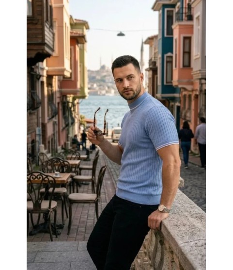 Erkek Fitilli Triko Dokuma Kısa Kol Tişört Yarım Boğaz Modern Yazlık T-Shirt - Bebe Mavisi