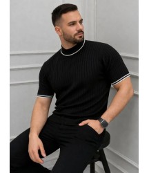 Erkek Fitilli Triko Dokuma Kısa Kol Tişört Yarım Boğaz Modern Yazlık T-Shirt - Siyah