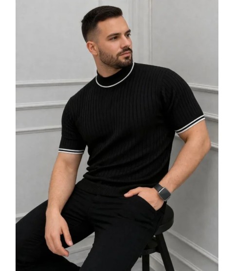 Erkek Fitilli Triko Dokuma Kısa Kol Tişört Yarım Boğaz Modern Yazlık T-Shirt - Siyah