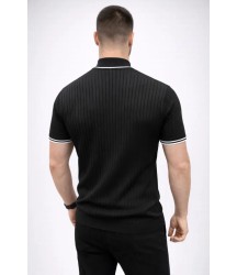 Erkek Fitilli Triko Dokuma Kısa Kol Tişört Yarım Boğaz Modern Yazlık T-Shirt - Siyah