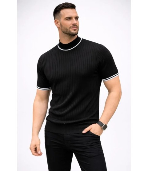 Erkek Fitilli Triko Dokuma Kısa Kol Tişört Yarım Boğaz Modern Yazlık T-Shirt - Siyah