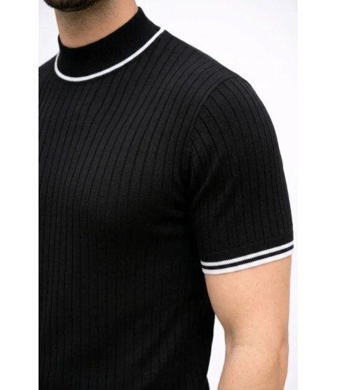 Erkek Fitilli Triko Dokuma Kısa Kol Tişört Yarım Boğaz Modern Yazlık T-Shirt - Siyah
