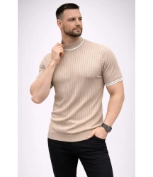 Erkek Fitilli Triko Dokuma Kısa Kol Tişört Yarım Boğaz Modern Yazlık T-Shirt - Bej