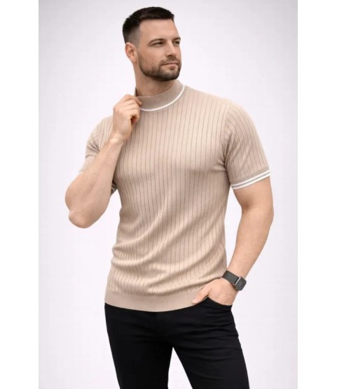 Erkek Fitilli Triko Dokuma Kısa Kol Tişört Yarım Boğaz Modern Yazlık T-Shirt - Bej