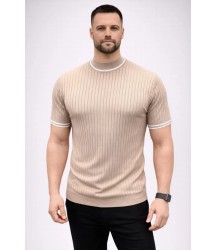 Erkek Fitilli Triko Dokuma Kısa Kol Tişört Yarım Boğaz Modern Yazlık T-Shirt - Bej