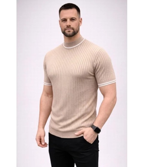 Erkek Fitilli Triko Dokuma Kısa Kol Tişört Yarım Boğaz Modern Yazlık T-Shirt - Bej