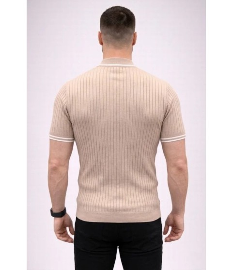 Erkek Fitilli Triko Dokuma Kısa Kol Tişört Yarım Boğaz Modern Yazlık T-Shirt - Bej