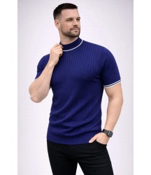 Erkek Fitilli Triko Dokuma Kısa Kol Tişört Yarım Boğaz Modern Yazlık T-Shirt - Lacivert