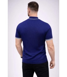 Erkek Fitilli Triko Dokuma Kısa Kol Tişört Yarım Boğaz Modern Yazlık T-Shirt - Lacivert