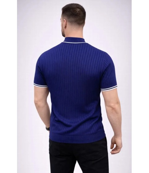 Erkek Fitilli Triko Dokuma Kısa Kol Tişört Yarım Boğaz Modern Yazlık T-Shirt - Lacivert