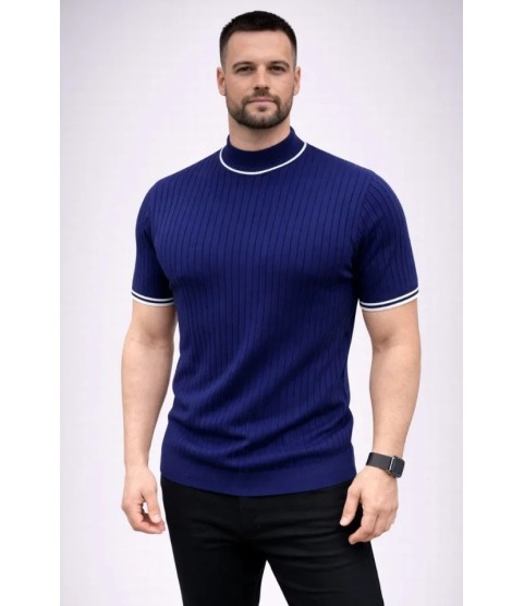 Erkek Fitilli Triko Dokuma Kısa Kol Tişört Yarım Boğaz Modern Yazlık T-Shirt - Lacivert