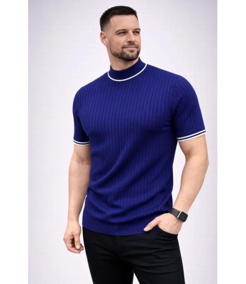 Erkek Fitilli Triko Dokuma Kısa Kol Tişört Yarım Boğaz Modern Yazlık T-Shirt - Lacivert
