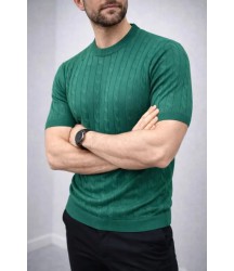 Erkek Yazlık Triko Dokuma Tişört Kısa Kol Bisiklet Yaka Örgü Desenli T-Shirt - Haki