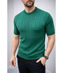 Erkek Yazlık Triko Dokuma Tişört Kısa Kol Bisiklet Yaka Örgü Desenli T-Shirt - Haki