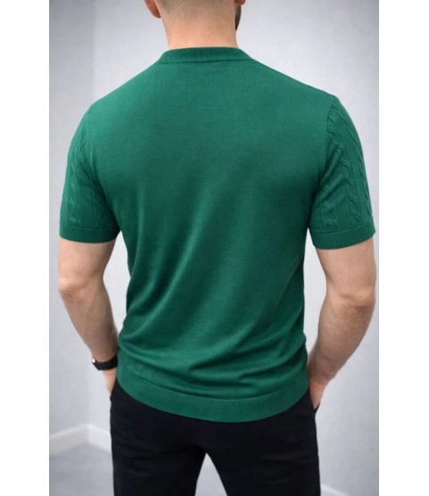 Erkek Yazlık Triko Dokuma Tişört Kısa Kol Bisiklet Yaka Örgü Desenli T-Shirt - Haki
