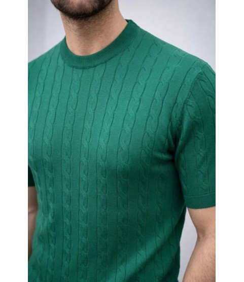 Erkek Yazlık Triko Dokuma Tişört Kısa Kol Bisiklet Yaka Örgü Desenli T-Shirt - Haki
