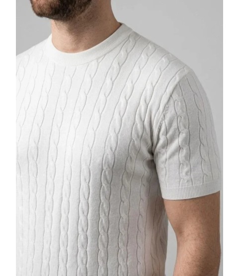 Erkek Yazlık Triko Dokuma Tişört Kısa Kol Bisiklet Yaka Örgü Desenli T-Shirt - Beyaz
