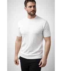 Erkek Yazlık Triko Dokuma Tişört Kısa Kol Bisiklet Yaka Örgü Desenli T-Shirt - Beyaz