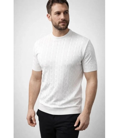 Erkek Yazlık Triko Dokuma Tişört Kısa Kol Bisiklet Yaka Örgü Desenli T-Shirt - Beyaz
