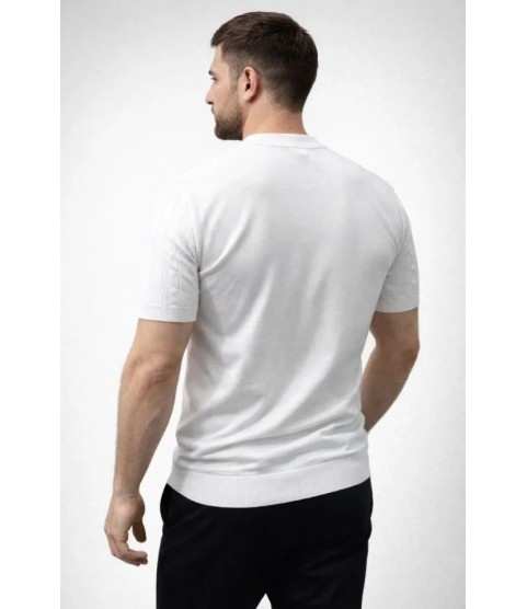 Erkek Yazlık Triko Dokuma Tişört Kısa Kol Bisiklet Yaka Örgü Desenli T-Shirt - Beyaz
