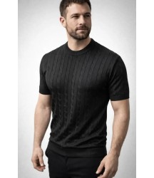 Erkek Yazlık Triko Dokuma Tişört Kısa Kol Bisiklet Yaka Örgü Desenli T-Shirt - Siyah