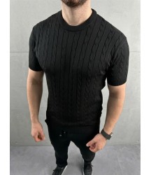 Erkek Yazlık Triko Dokuma Tişört Kısa Kol Bisiklet Yaka Örgü Desenli T-Shirt - Siyah