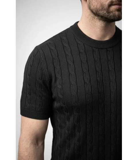Erkek Yazlık Triko Dokuma Tişört Kısa Kol Bisiklet Yaka Örgü Desenli T-Shirt - Siyah