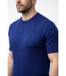 Erkek Yazlık Triko Dokuma Tişört Kısa Kol Bisiklet Yaka Örgü Desenli T-Shirt - Lacivert
