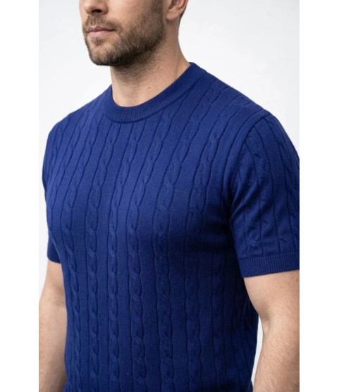 Erkek Yazlık Triko Dokuma Tişört Kısa Kol Bisiklet Yaka Örgü Desenli T-Shirt - Lacivert