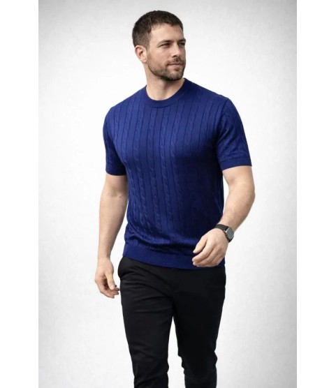 Erkek Yazlık Triko Dokuma Tişört Kısa Kol Bisiklet Yaka Örgü Desenli T-Shirt - Lacivert