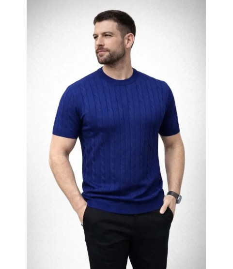 Erkek Yazlık Triko Dokuma Tişört Kısa Kol Bisiklet Yaka Örgü Desenli T-Shirt - Lacivert