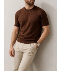 Erkek Yazlık Triko Dokuma Tişört Kısa Kol Bisiklet Yaka Örgü Desenli T-Shirt - Kahverengi