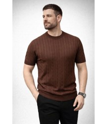 Erkek Yazlık Triko Dokuma Tişört Kısa Kol Bisiklet Yaka Örgü Desenli T-Shirt - Kahverengi