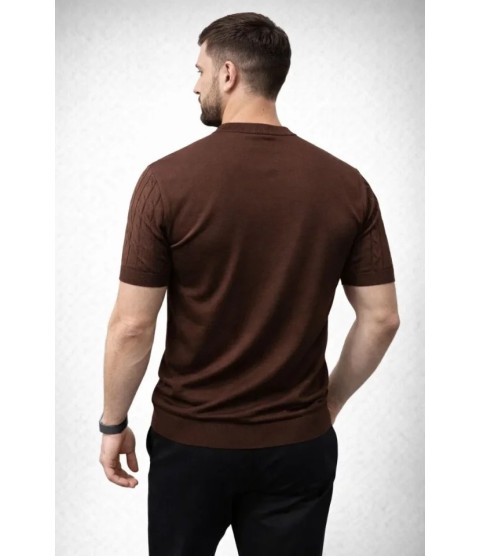 Erkek Yazlık Triko Dokuma Tişört Kısa Kol Bisiklet Yaka Örgü Desenli T-Shirt - Kahverengi