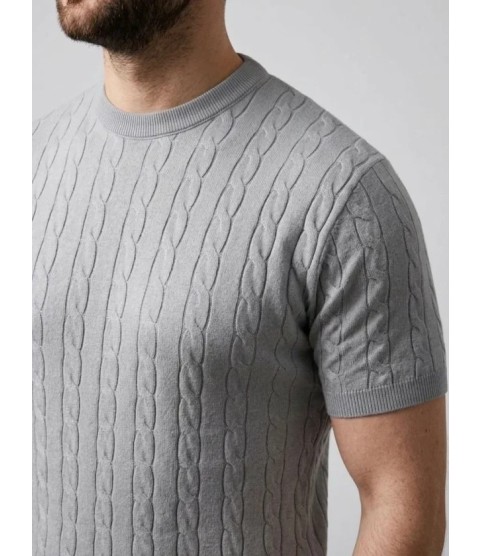Erkek Yazlık Triko Dokuma Tişört Kısa Kol Bisiklet Yaka Örgü Desenli T-Shirt - Gri