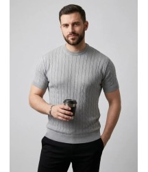 Erkek Yazlık Triko Dokuma Tişört Kısa Kol Bisiklet Yaka Örgü Desenli T-Shirt - Gri